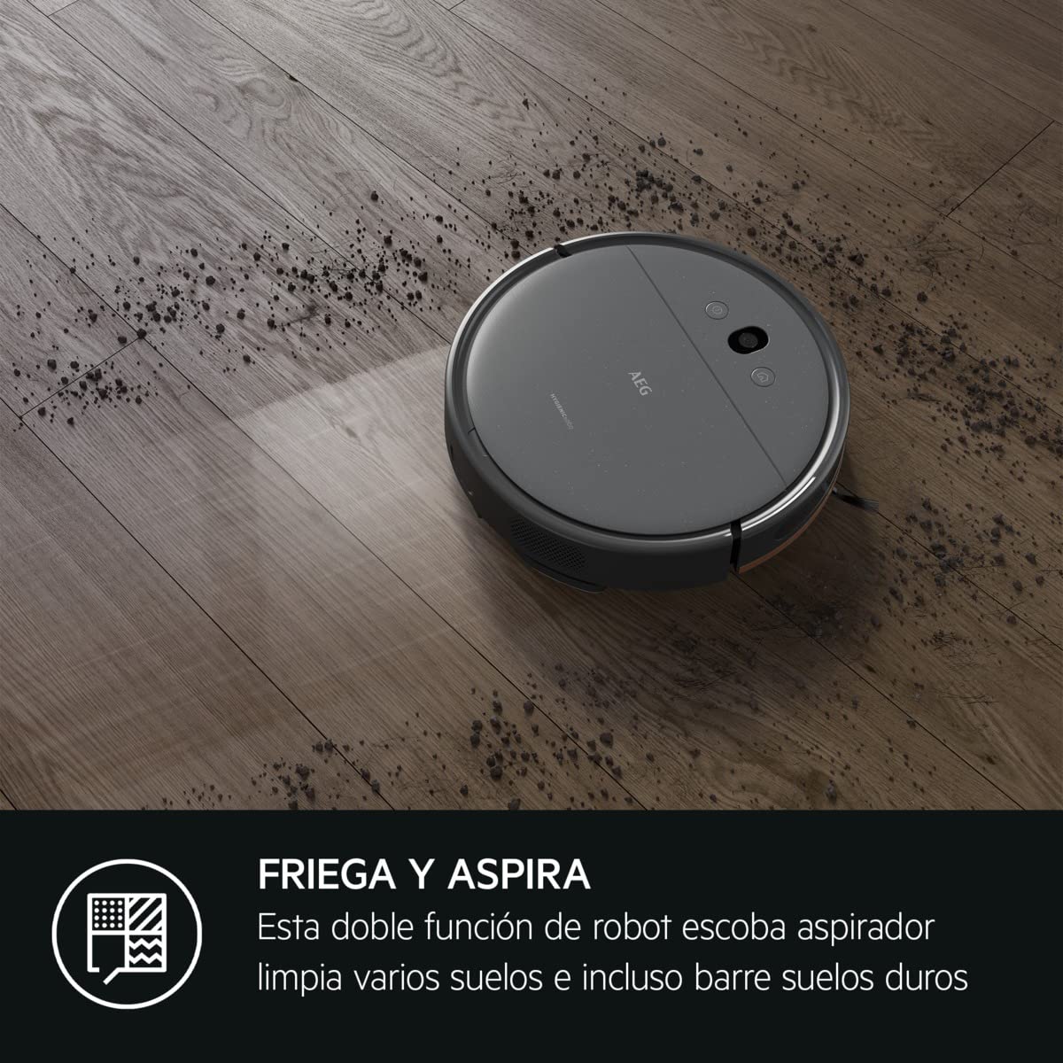AEG AR61UW1DG - Robot Aspirador, Giroscopio + Cámara, Función Mopa, 14,4V, Autonomía 120 min, Deposito Agua 0,25L, Potencia 2600 Pa, App iOS/Android, Cepillo Motorizado, Base de Carga, Color Gris
