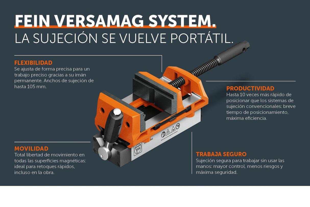 FEIN Set de mordazas VersaMAG. Mordaza magnética pequeña y compacta con una capacidad del portabrocas de 108 mm y anchura de mordaza de 100 mm