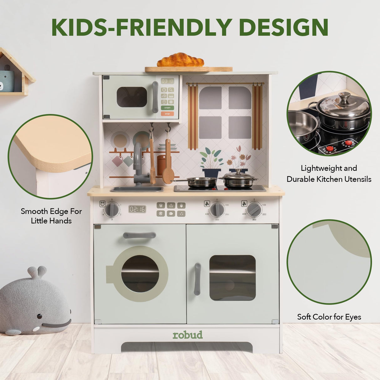 ROBUD Cocinas de Juegos de Madera, Cocina Infantil con Accesorios, Apta para niños a Partir de 3 años, Montessori