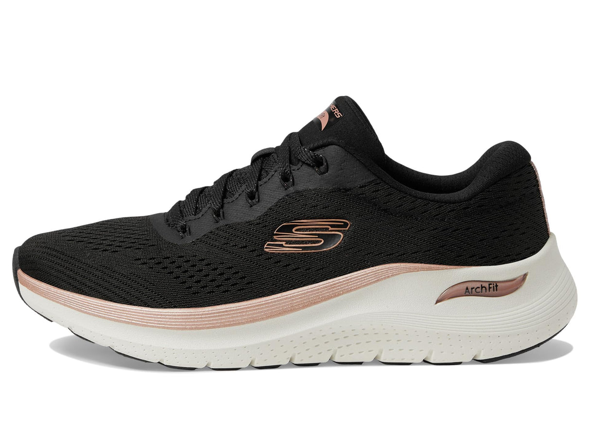 Skechers Arch Fit 2.0 Glow The Distance, Zapatillas Mujer, Black Mesh/Rose Gold Trim, 38.5 EU
