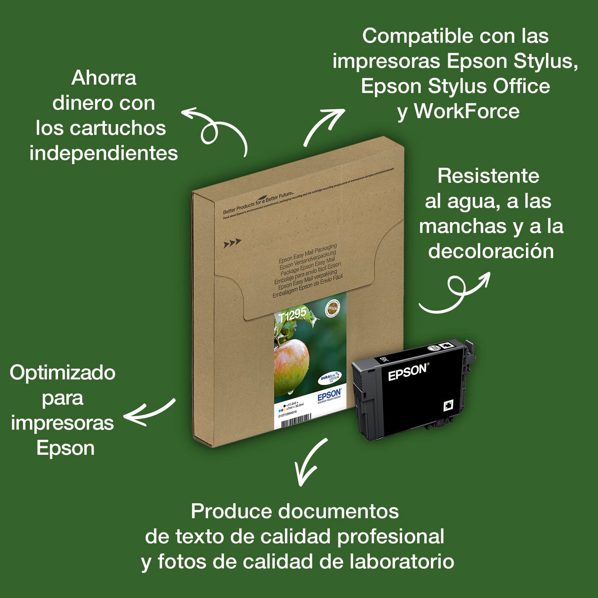 Epson T1295 - Pack de 4 cartuchos de tinta, tricolor y negro válido para los modelos WorkForce, Stylus, Stylus Office y otros, Ya disponible en Amazon Dash Replenishment
