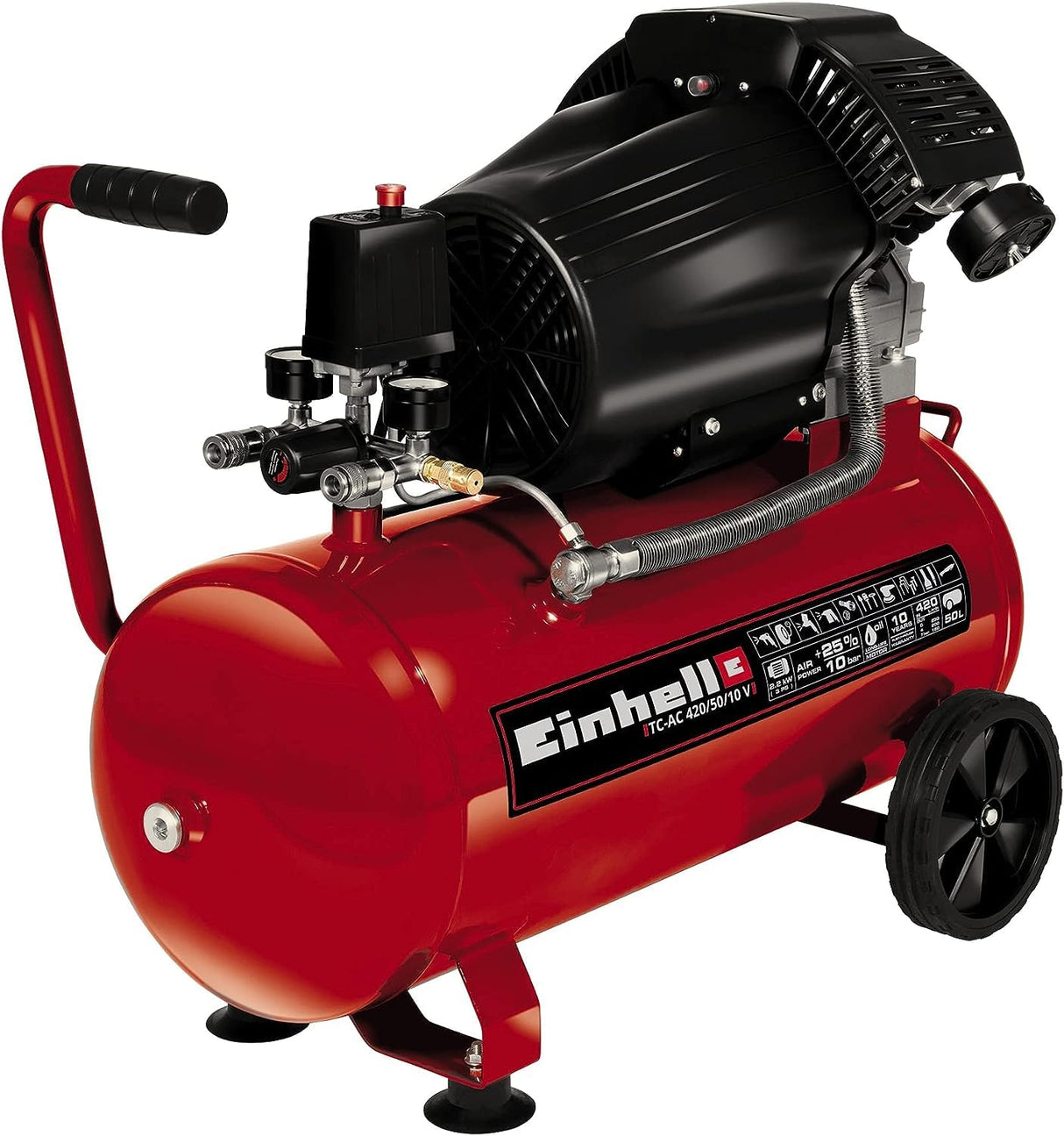 Einhell Compresor TC-AC 420/50/10 V (2200 W, 2850 rpm, 10 bar máx., tanque de 50 l, reductor de presión, manómetro, válvula de retención, válvula de seguridad)