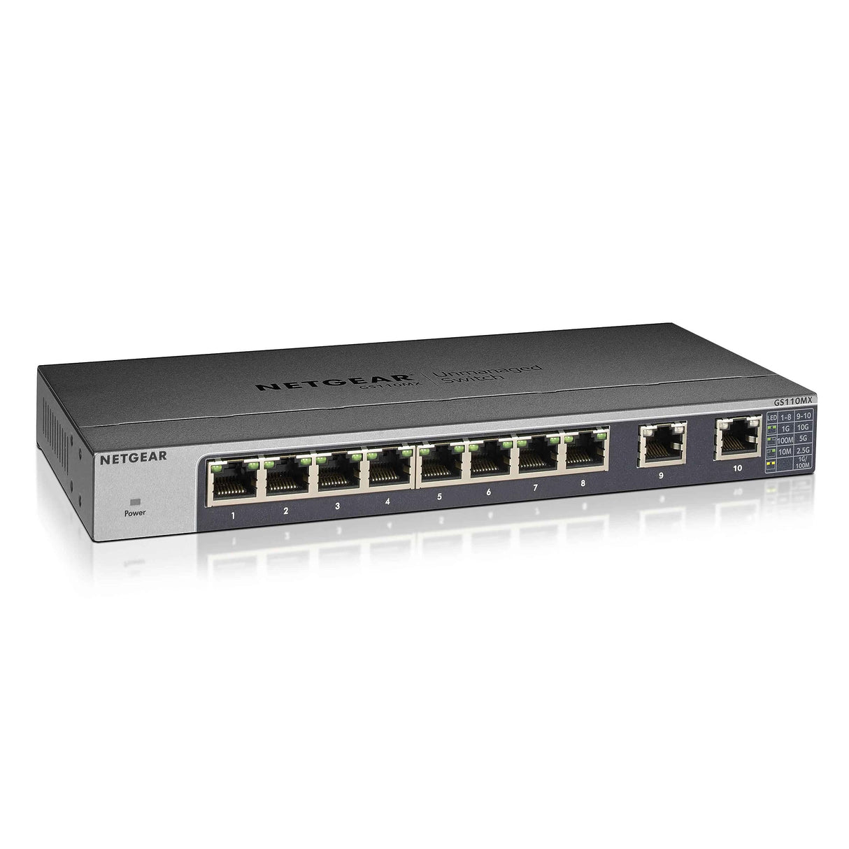 Netgear GS110MX-100UKS - Switch de red Smart Plus no gestionable (8 puertos Gigabit y 2 puertos 10G/MultiGigabit con montaje en pared o bastidor, sin ventilador) [modelo UK]