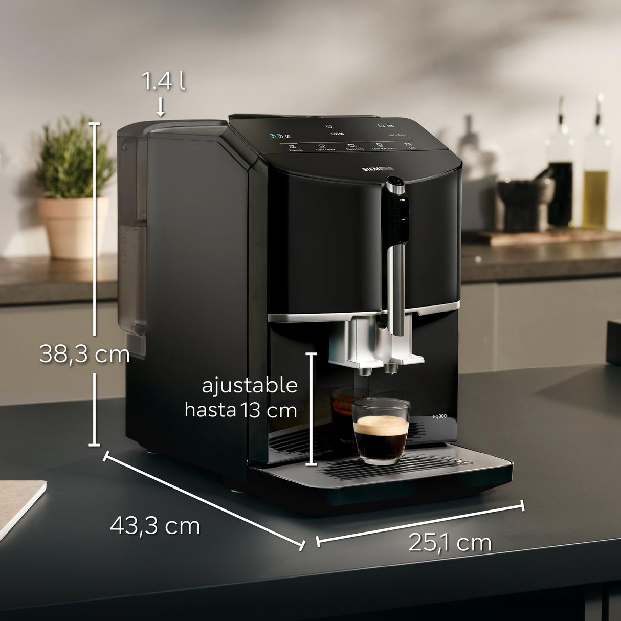 Siemens, cafetera superautomática, EQ300, molinillo cerámico,espumador de leche, función oneTouch, negro, TF301E19