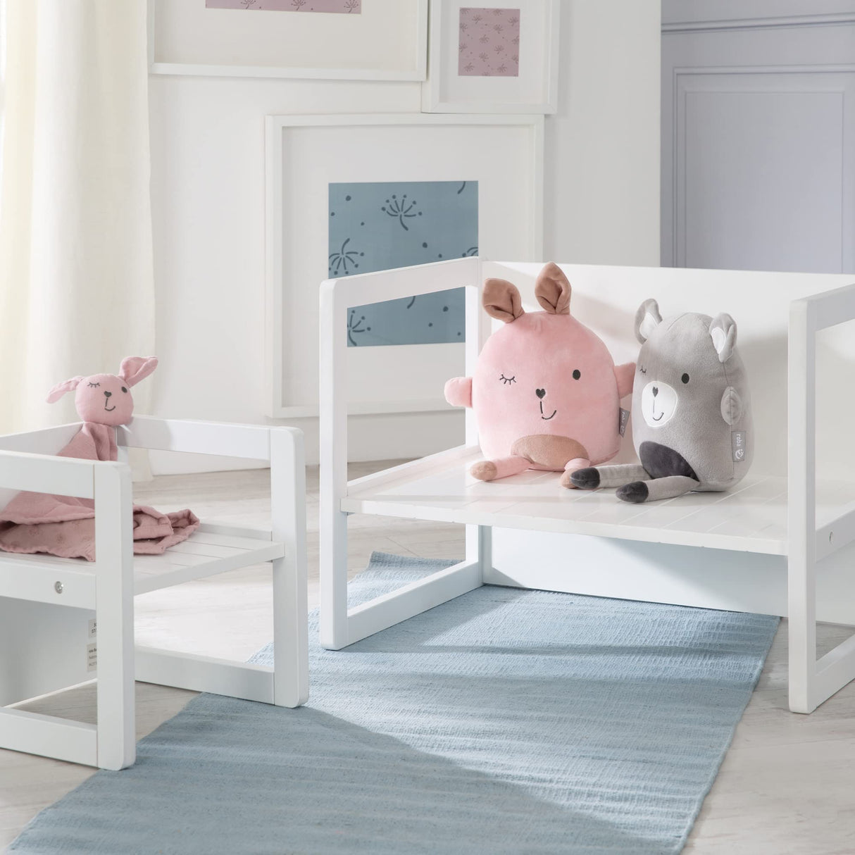 roba Grupo de Asiento de Estilo rústico para niños, 1 Taburete y un Banco para niños Convertible a la Mesa, Color Blanco