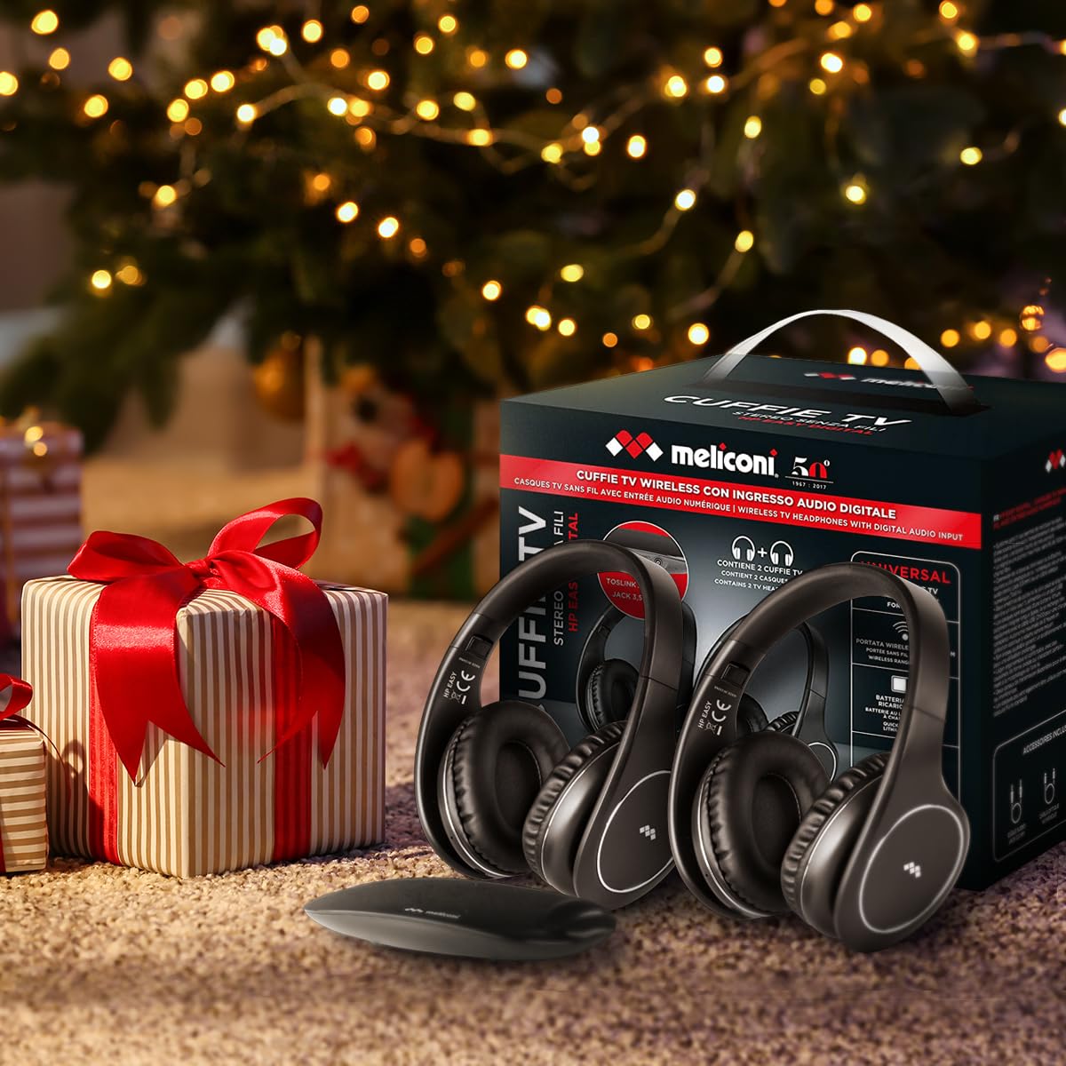 Meliconi Auriculares Easy Digital Bundle, 2 auriculares de TV estéreo inalámbricos, 100% digitales, con entrada de audio analógica/digital y base de transmisor dimensional negro