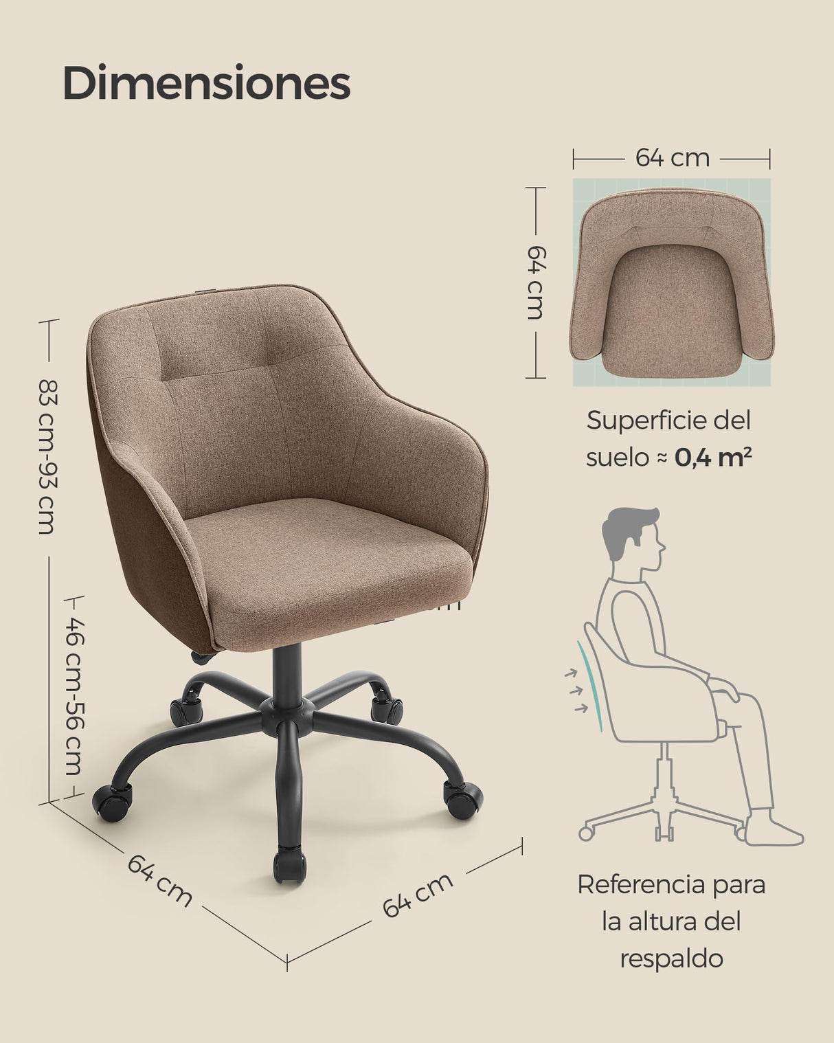 SONGMICS Silla de Estudio, Silla Giratoria, Altura Ajustable, Carga de 110 kg, Marco de Acero, Tela de Algodón-Lino Transpirable, para Estudio, Dormitorio, Marrón OBG019K01
