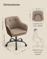 SONGMICS Silla de Estudio, Silla Giratoria, Altura Ajustable, Carga de 110 kg, Marco de Acero, Tela de Algodón-Lino Transpirable, para Estudio, Dormitorio, Marrón OBG019K01