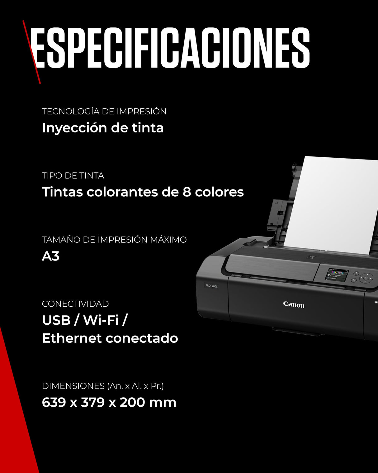 Canon Pixma PRO-200S Impresora Fotográfica Profesional, Sistema de Inyección de Tinta, A3+, WiFi, 8 Cartuchos de Tinta, Impresión Sin Bordes, Impresión de Alta Velocidad, Negro