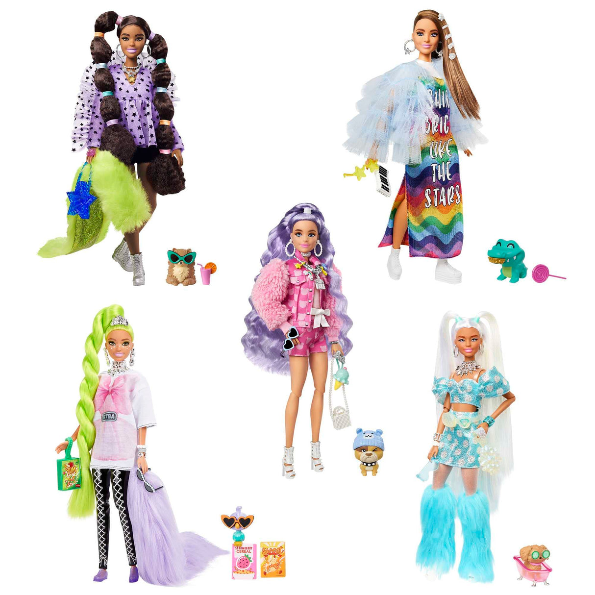 Barbie Extra Pack 5 muñecas con Ropa y 70 Accesorios de Moda, Incluye 4 Personajes Principales y 1 Modelo Nuevo, Juguete +3 años, Multicolour (Mattel HHC58)