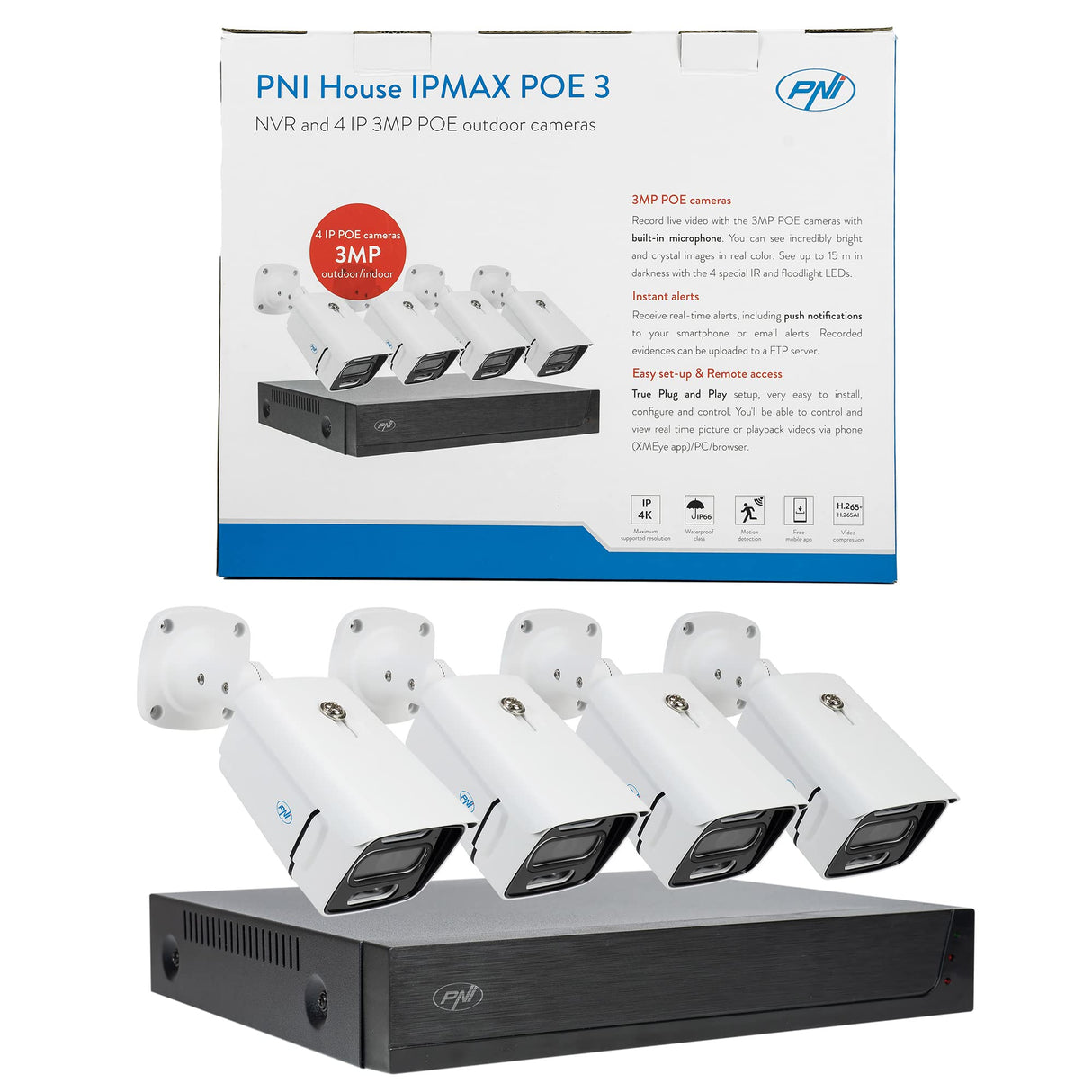 Kit de videovigilancia PNI House IPMAX PoE 3, NVR con 4 Puertos PoE, 4 cámaras con 3MP, Exterior, Power Over Ethernet, detección de rostros