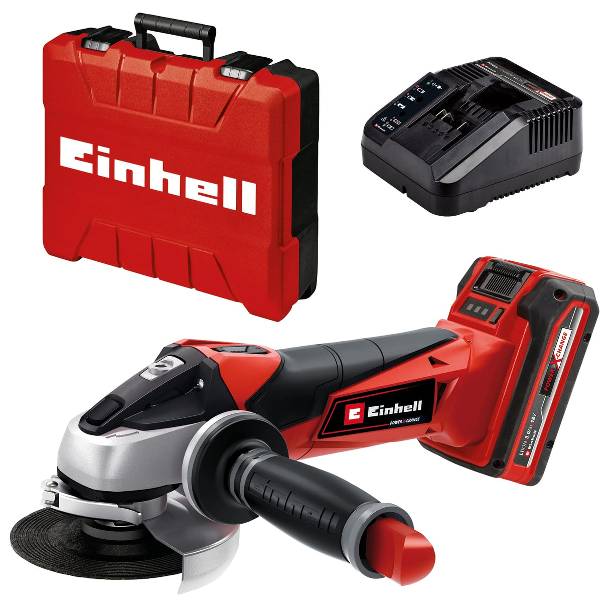 Einhell Amoladora angular con batería TE-AG 18/115 Li Kit Power X-Change (18 V, 115 mm diámetro de disco, 28 mm profundidad de corte, incl. 3,0 Ah batería y cargador), Rojo