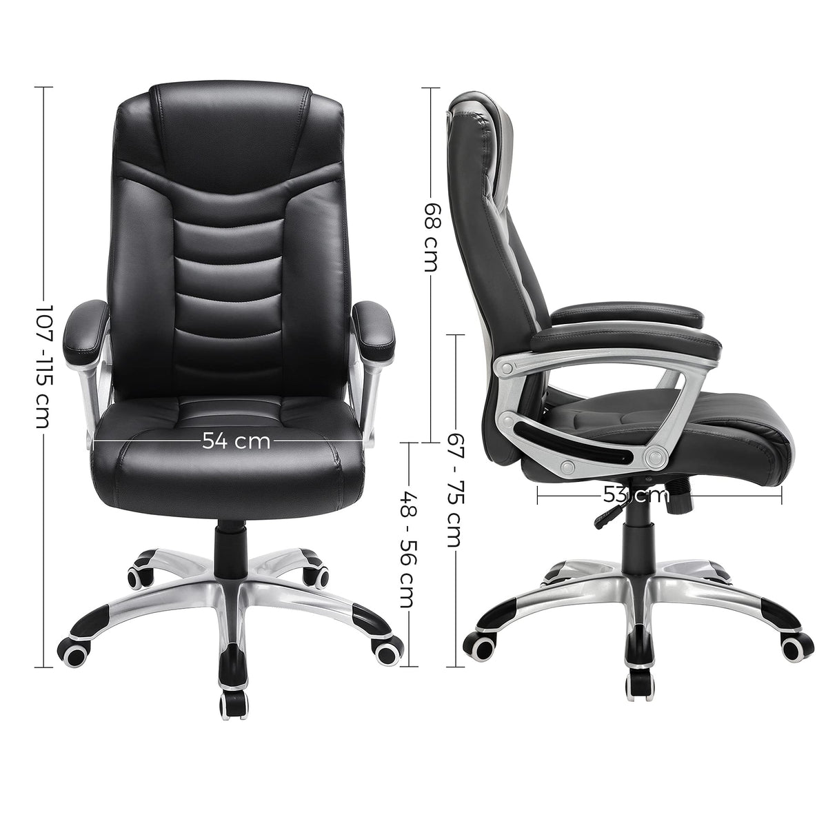 SONGMICS Silla de Oficina, Silla de Escritorio, Altura Ajustable, Ergonómica, Tapizada en PU, Carga de 150 kg, Negro OBG21B