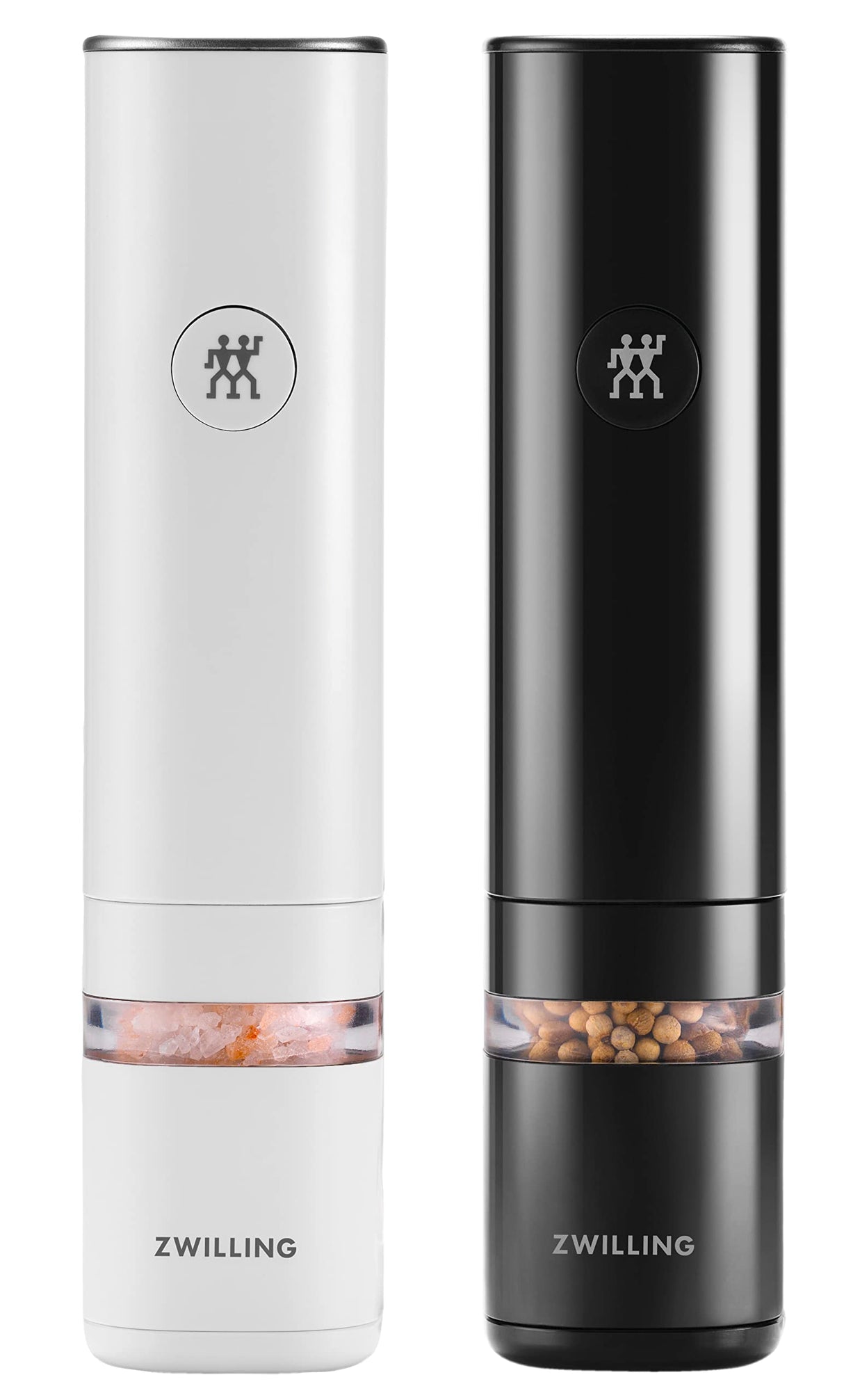 ZWILLING ENFINIGY Molinillo eléctrico de sal y pimienta con molinillo de cerámica y luz LED, Recargable por USB, Juego de 2 piezas: blanco y negro.