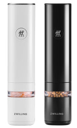 ZWILLING ENFINIGY Molinillo eléctrico de sal y pimienta con molinillo de cerámica y luz LED, Recargable por USB, Juego de 2 piezas: blanco y negro.