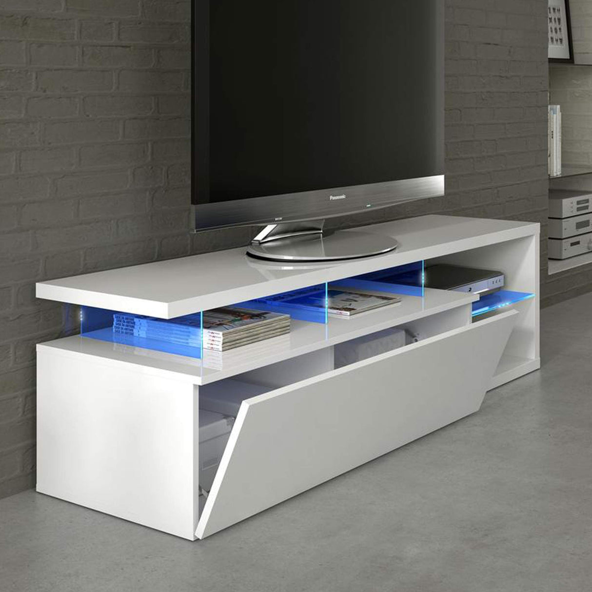 Habitdesign Modulo de TV Moderno, Mueble Salon, Modelo Blue-Tech, Color Blanco Brillo y Luces LED, Medidas: 150 cm (Ancho) x 43 cm (Alto) x 41 cm (Fondo)