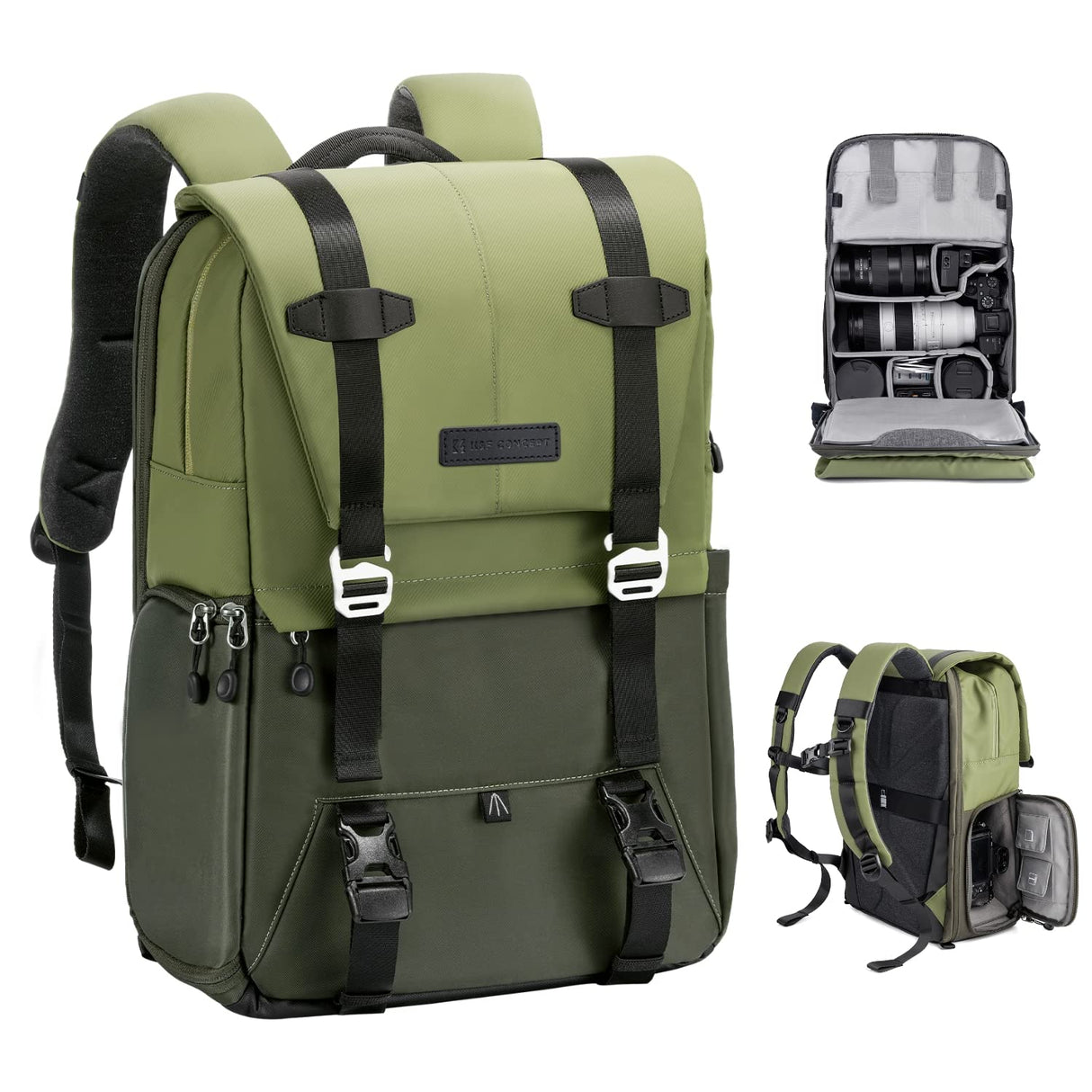 K&F Concept Mochila para Camara Multifuncional，Mochila Fotografía Profesional,Mochila Fotográfica para Reflex Impermeable, Bolsa Cámara Compartimento para Portátil de 15.6 Pulgadas(20L) Verde