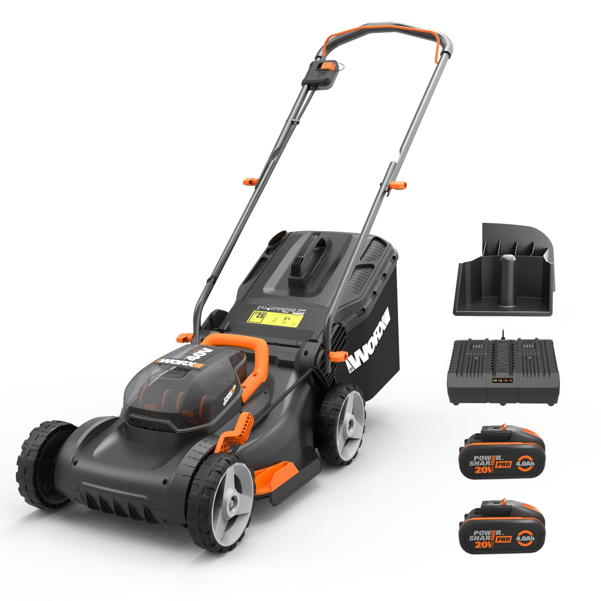 WORX Cortacésped 40V Máx. (2x20V) | PowerShare | WG743E | Incluye 2 baterías 4Ah y Cargador Doble | 40 cm | Ajuste de Altura | 6 Posiciones y 45 L de depósito
