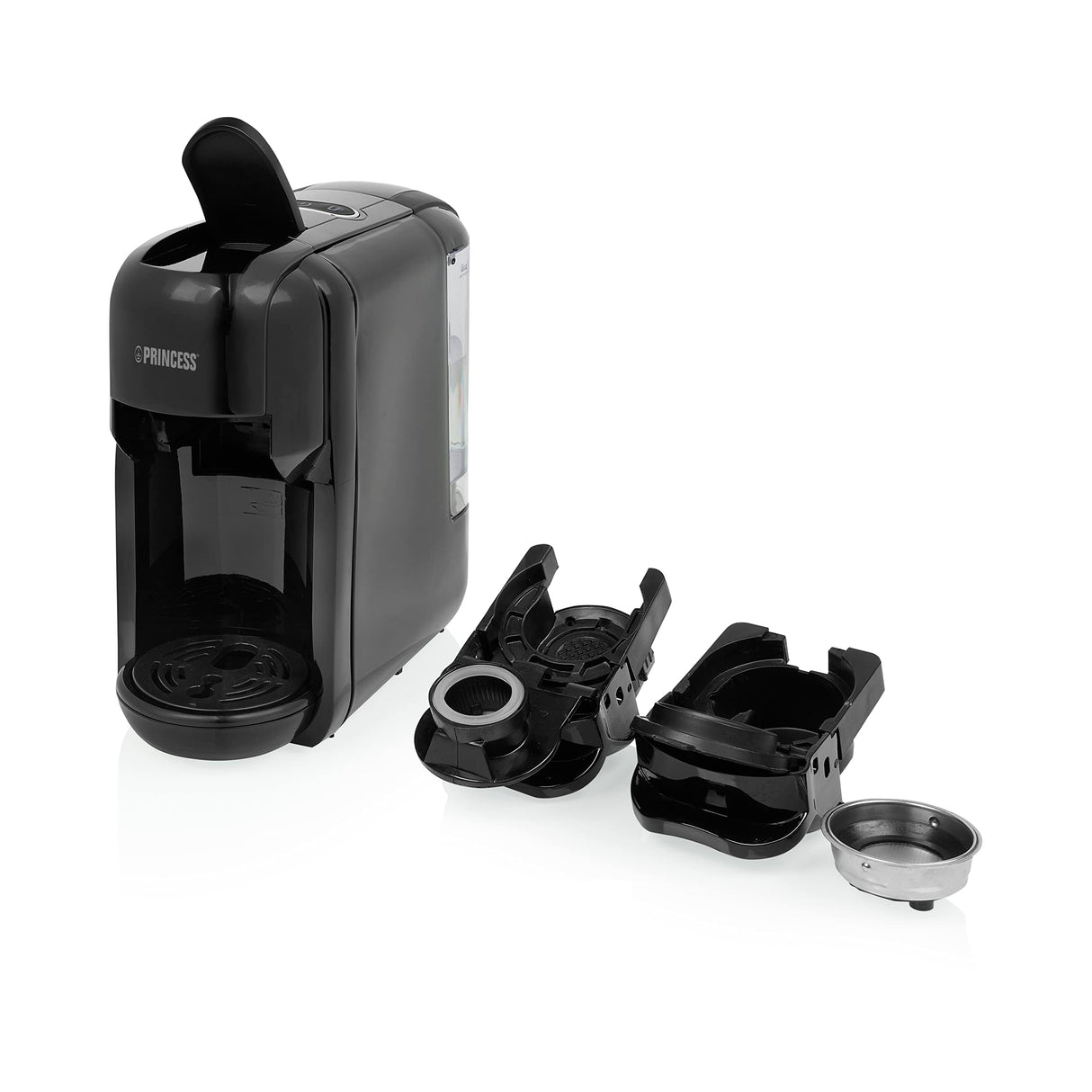Princess 249452 Máquina de café multicápsulas con adaptadores para cápsulas Nespresso, Dolce Gusto y monodosis ESE, 19 bares de presión, depósito de agua extraíble de 600 ml, 1450 W