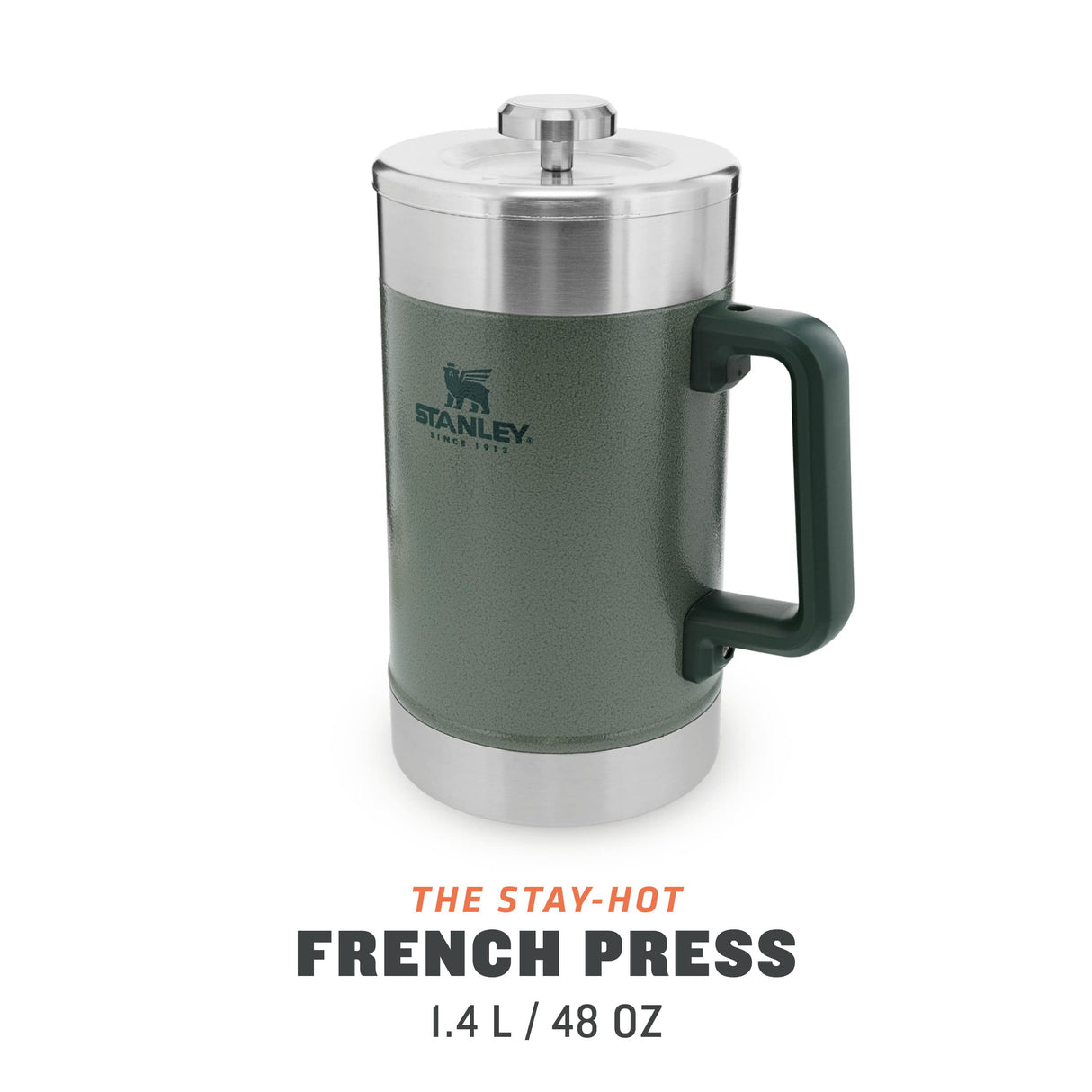 Stanley Classic Stay Hot French Press 1.4L / 48OZ Hammertone Green - Se mantiene caliente 4 horas - Filtro de malla - Sedimento mínimo - Prensa de café de acero integrada - Sin BPA