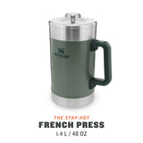 Stanley Classic Stay Hot French Press 1.4L / 48OZ Hammertone Green - Se mantiene caliente 4 horas - Filtro de malla - Sedimento mínimo - Prensa de café de acero integrada - Sin BPA