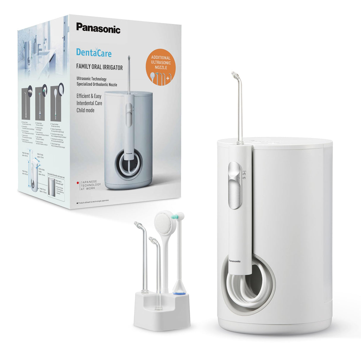 Panasonic EW1614AW503-PACK Family Irrigator Oral Dental, Chorro Ultrasónico, Modo Infantil, 10 Ajustes de Presión, IPX7, Ortodoncia, 5 boquillas, alimentado por Red Eléctrica, Blanco