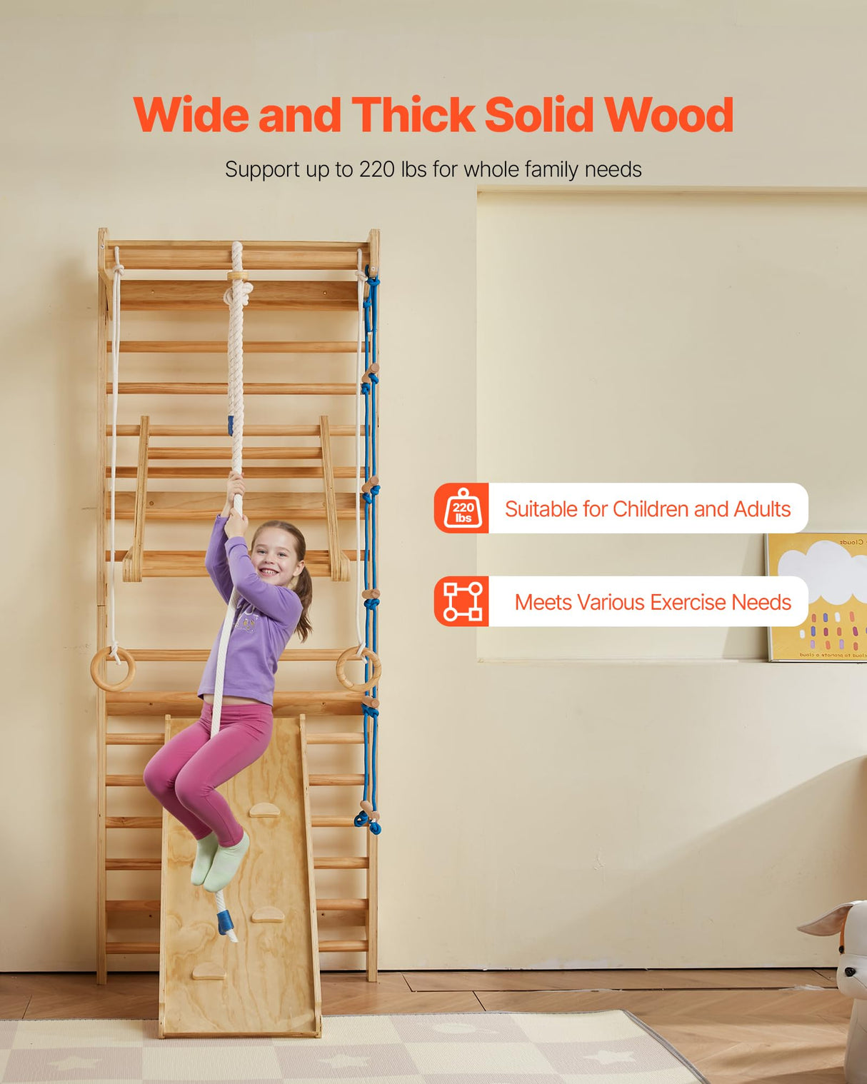 VEVOR-8 en 1 Kit de Escalada Niveles Pared, Tobogán, Barra de Dominadas, Anillas de Gimnasio, Columpio y Escalera de Cuerda, Color Madera (15 Levels Solid Wood Indoor Jungle Gym)