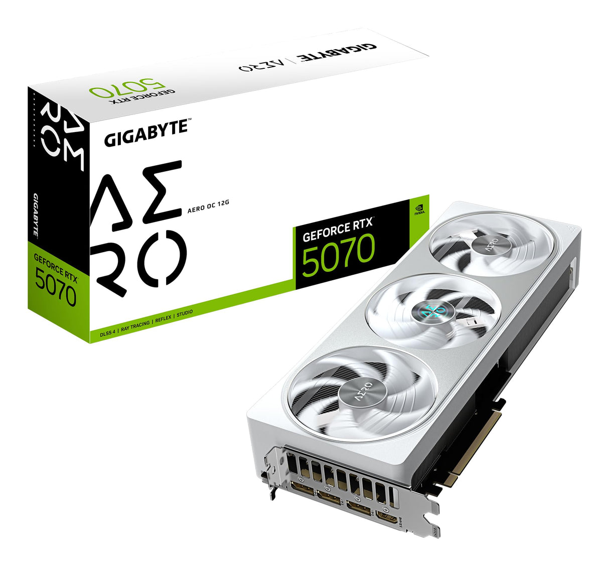 Gigabyte GeForce RTX 5070 Aero OC 12G Tarjeta Gráfica - 12GB GDDR7, 192 bits, PCI-E 5.0, 2625 MHz Core Clock, 3 x DP 2.1a, 1 x HDMI 2.1b, NVIDIA DLSS 4, GV-N5070AERO OC-12GD