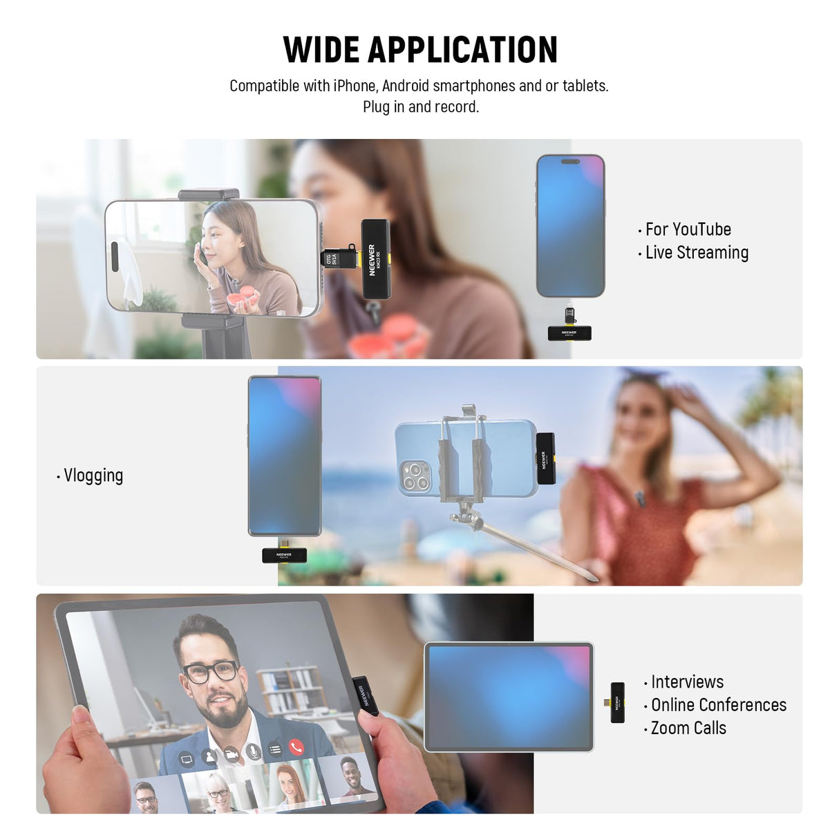 NEEWER Sistema Micrófono Inalámbrico Lavalier, 1 Receptor USB C con Adaptador OTG y 2 Transmisores Condensador Omnidireccionales con Cancelar Ruido Compatible con iPhone 16 Pro MAX S24 Ultra, KM23