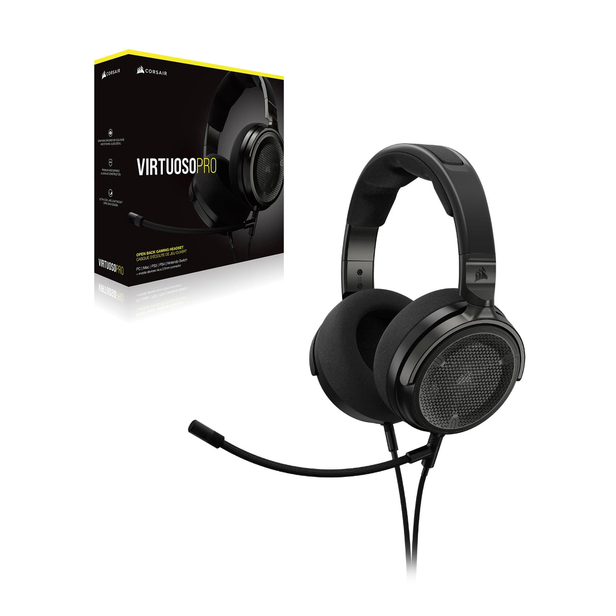 Corsair VIRTUOSO PRO Auriculares con Cable para Juegos Multiplataforma de Espalda Abierta - Micrófono Desmontable - Controladores Grafeno - PC, Mac, PS5, PS4, Xbox, Nintendo Switch, Móvil - Carbono