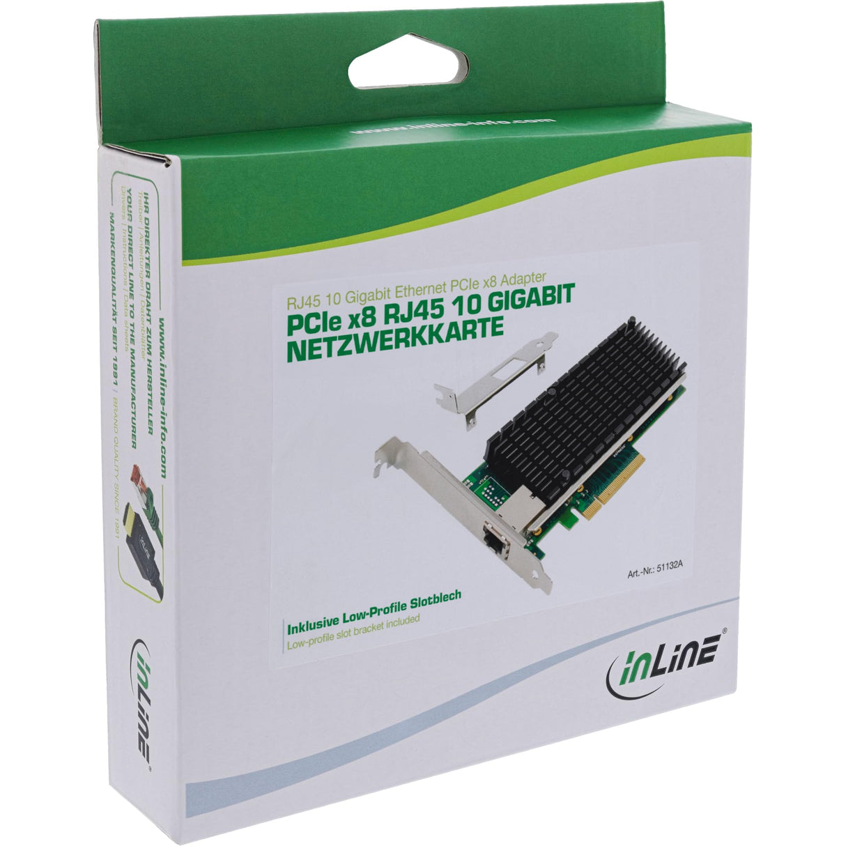 InLine® Tarjeta de Red de 10 Gigabit, 1 RJ45 10 GB/s, PCIe x8, Controlador LAN Ethernet de 10 GBASE-T, a Partir de Win 7, Server 2008, Linux 2.6, Incluye Placa de Ranura de Perfil bajo, 51132A