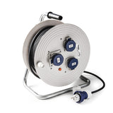 FAMATEL – Enrollacables industrial 3 tomas | IP67 | 50 metros | TT | 16A | 250V | Clavija TT-16A-250V | Cable neopreno | 3 x 1,5 | Disyuntor