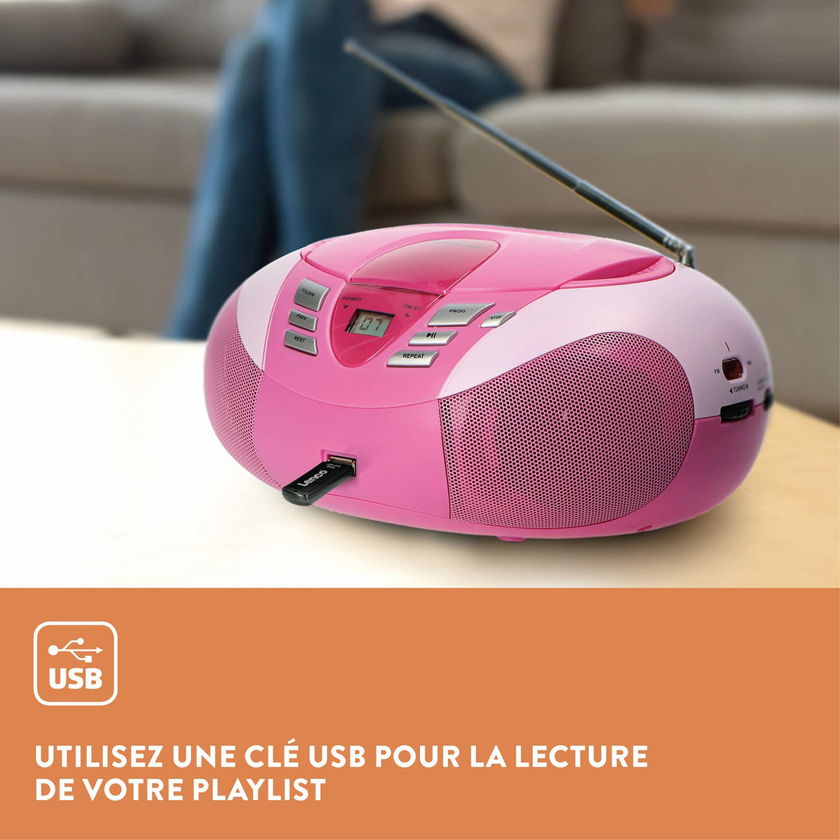 Lenco SCD-37 - Reproductor de CD para niños con conexión USB, MP3 y 2 Fuentes de alimentación RMS de 1,5 W, Funciona con Pilas y Red, Color Rosa