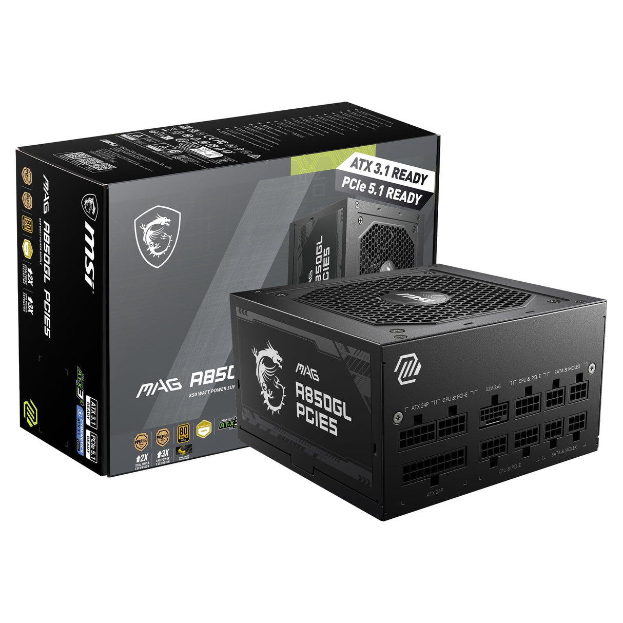 MSI mag 850W Fuente de alimentación 80 Plus Gold - ATX 3.0 PCIe 5.0 Ready - 12VHPWR [mag A850GL PCIE5]