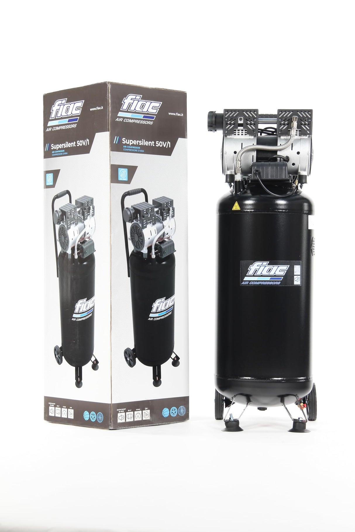 FIAC Compresor de Aire Vertical Silencioso SUPERSILENT 50V, Sin Aceite, Presión Máxima 8 Bar, 1 Hp, Depósito 50 Litros, Nivel sonoro 58 dB LpA