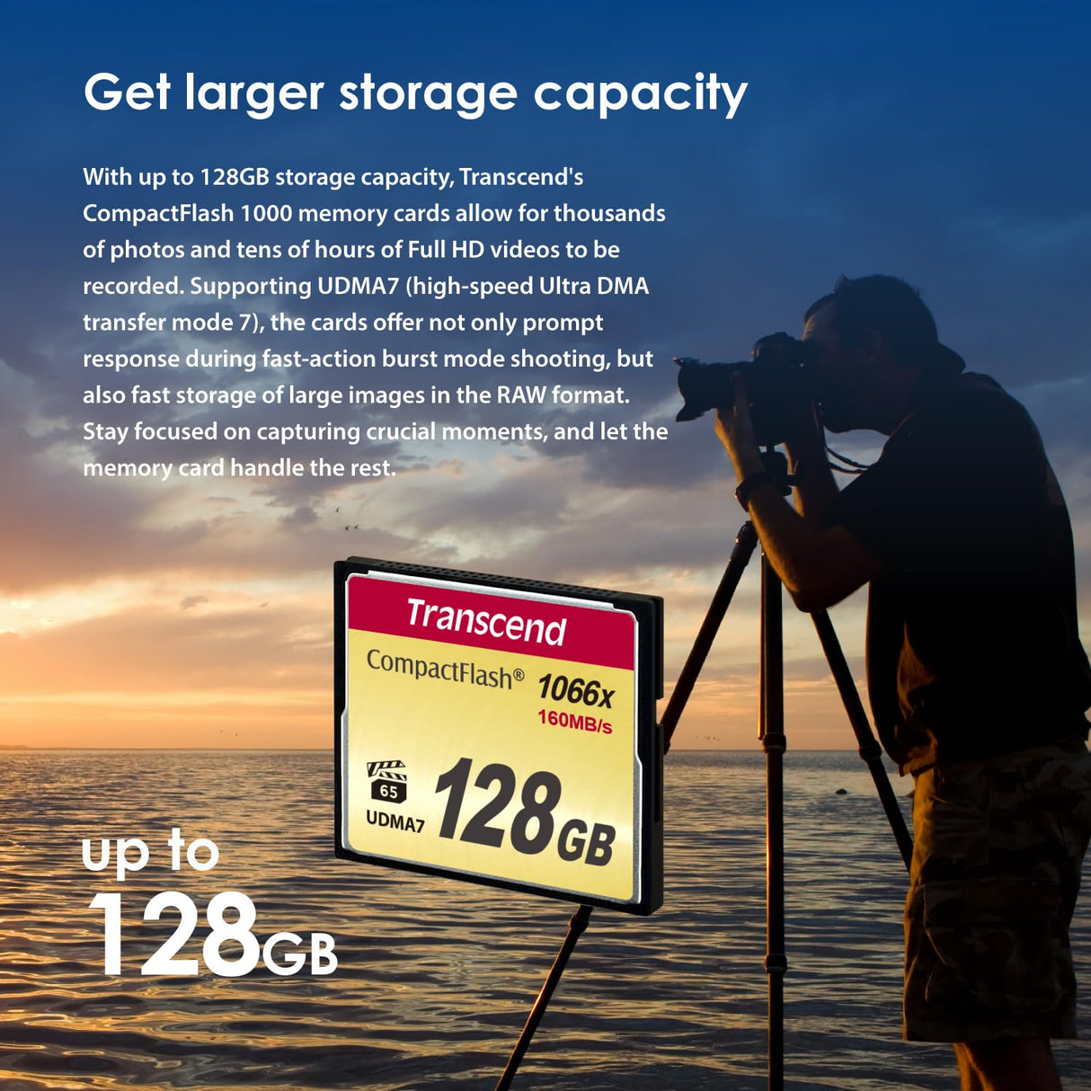 Transcend 128GB CompactFlash 1000 Memory Card, hasta 160/120 MB/s, Suitable para grabación de Video en resolución Ultra Alta Full HD, 3D y 4K UHDTV TS128GCF1000