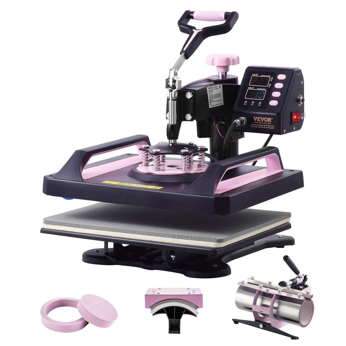 VEVOR 5 en 1 Máquina de Prensado por Calor con Prensa de Vaso de 887 ml, 290 x 380 mm, Prensa Térmico con Giro de 360° y Revestimiento de Teflón para Camiseta, Taza, Sombrero y Plato, Negro y Rosa