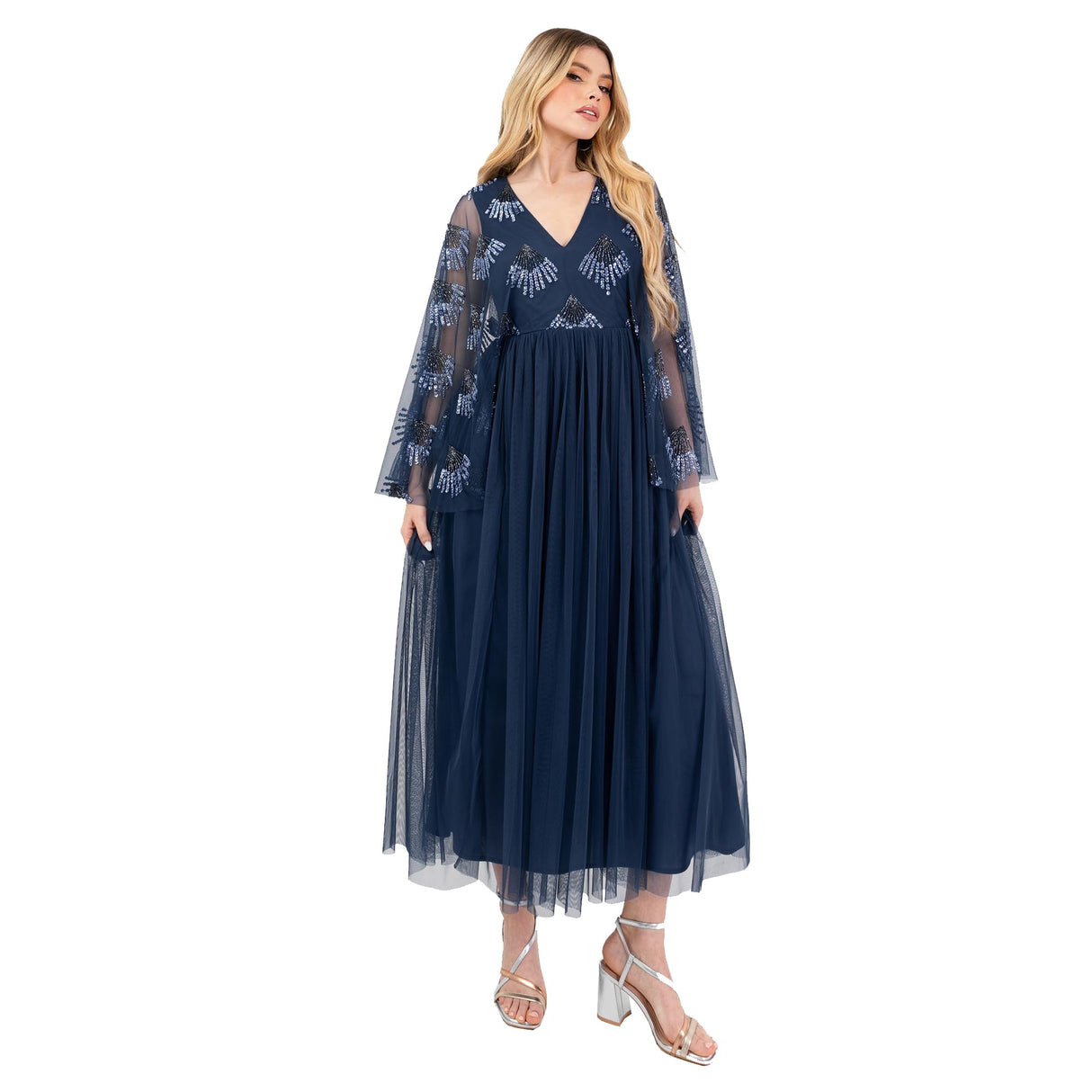 Maya Deluxe Women's Midaxi Dress Ladies V-Neck Long Wide Angel Sleeves Sequin Embellished Empire A-Line Tulle Evening Prom Ball Gown, French Navy, 54