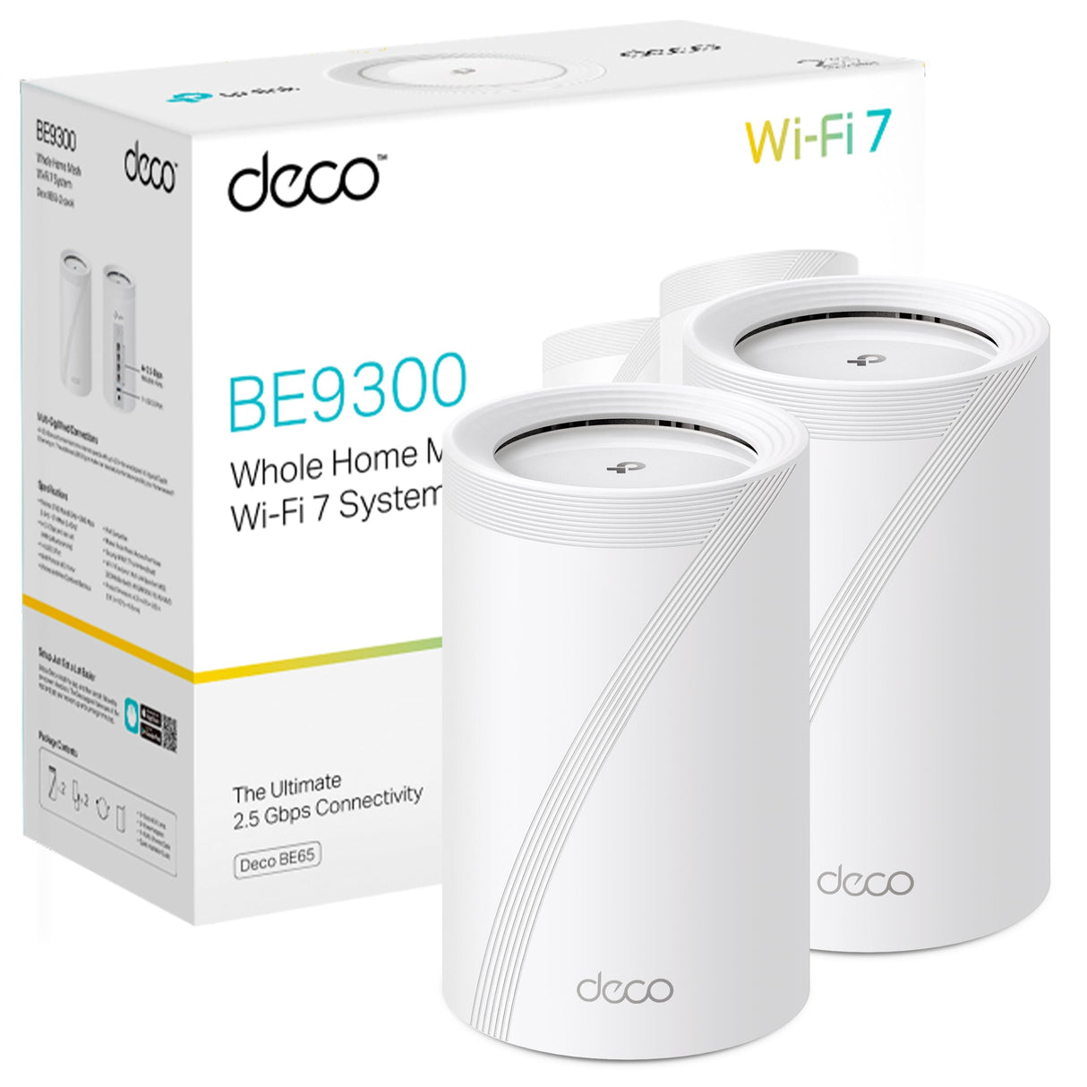 TP-Link Deco BE65(2-Pack) Wi-Fi 7 Mesh WLAN Set (Paquete de 3), Tribanda 5760 Mbit/s (6 GHz) + 2880 Mbit/s (5 GHz) + 574 Mbit/s (2,4 GHz), 6 transmisiones, 4 Puertos 2,5G, 1 USB 3.0