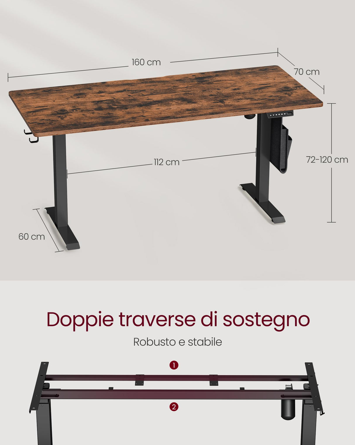 VASAGLE Escritorio Eléctrico de Altura Regulable, 60 x 160 x (72-120) cm, Ajuste Continuo, Función de Memoria con 4 Alturas, Marrón Rústico LSD176X01V1
