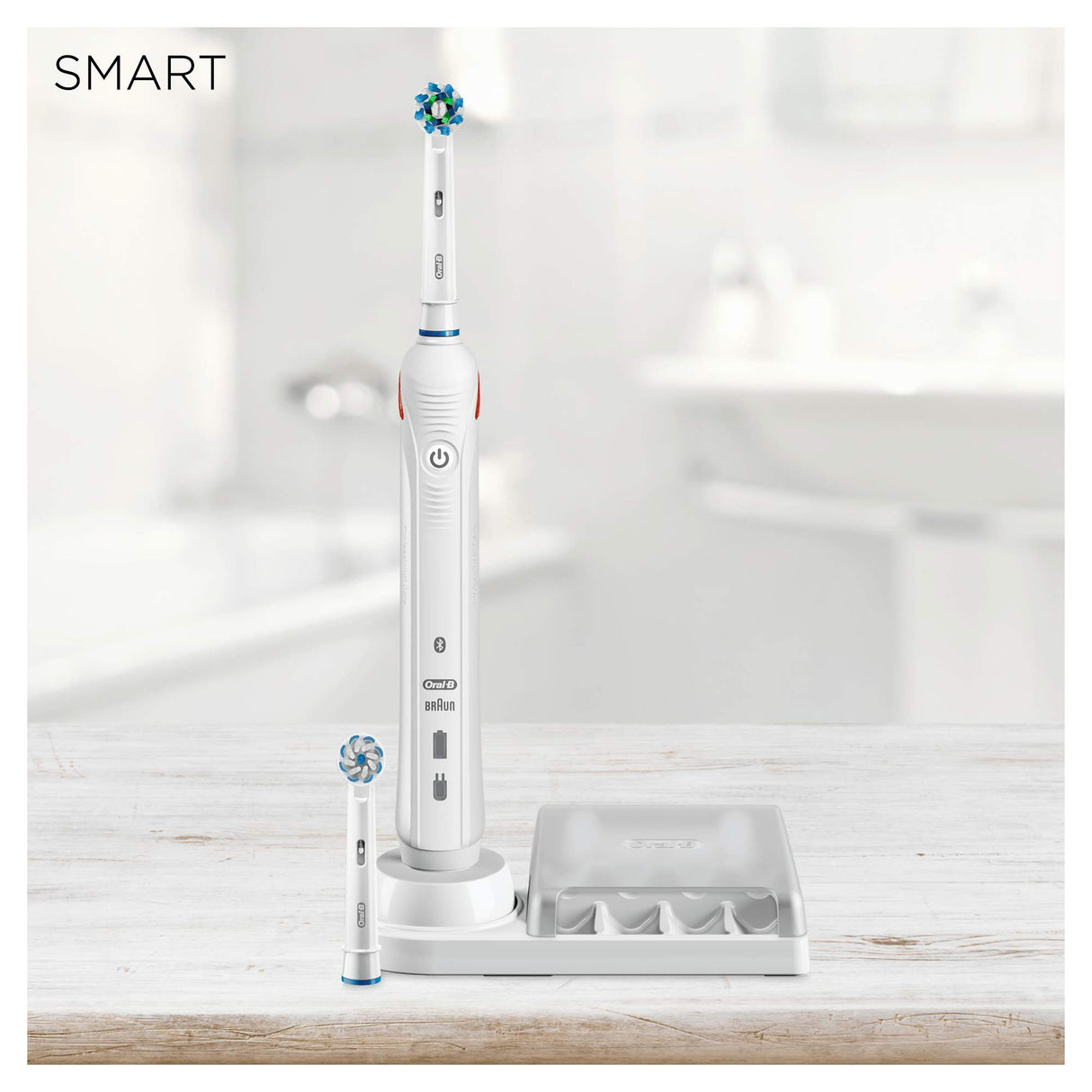 Oral-B Smart 4 4000N Smart Cepillo eléctrico recargable con tecnología de Braun, 1 mango conectado negro con Bluetooth, 2 cabezales de recambio, color Blanco