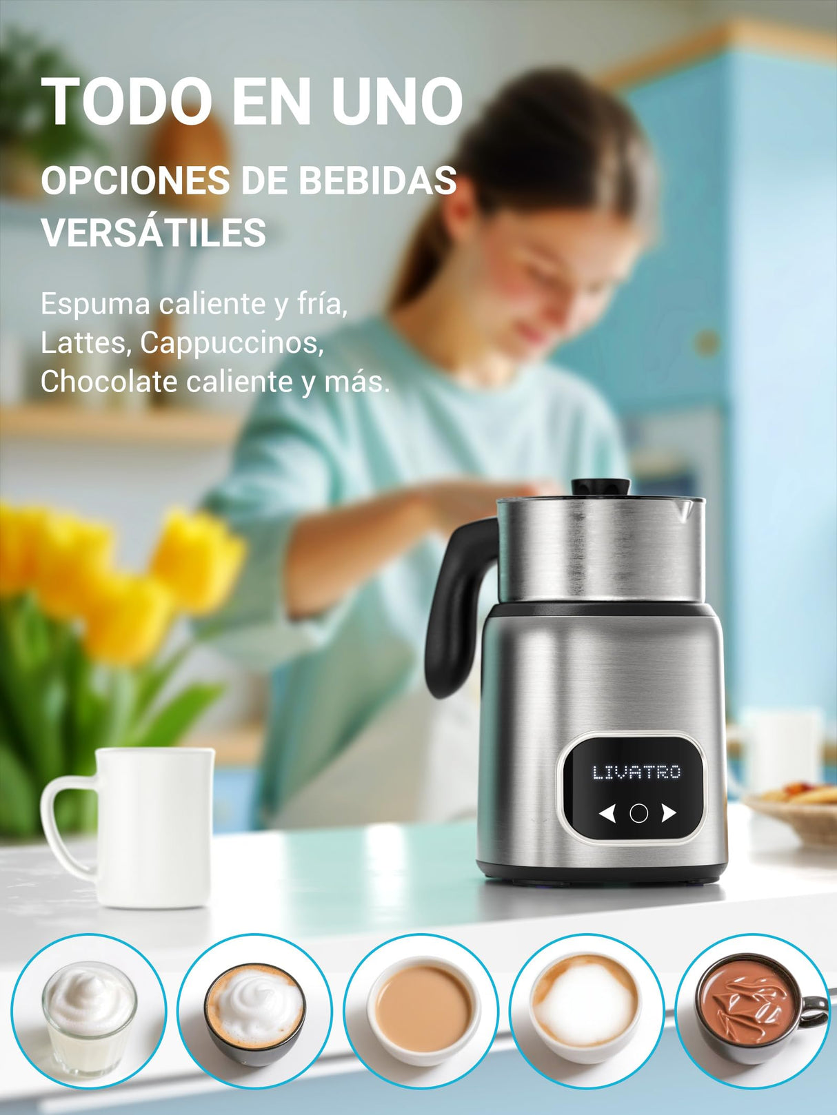 Livatro Espumador De Leche Eléctrico Con Doble Taza 600ml & 400ml, Espumador Leche Eléctrico Que No Quema La Leche, Lavavajillas,Acero Inoxidable,Para Leche Caliente Y Fría,Chocolate Y Comida De Bebé