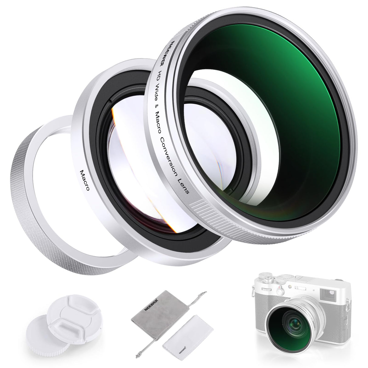 NEEWER Lente de gran angular de 49 mm, 0,75 x y macro adicional de 1,4 x para cámaras de la serie X100, lente HD 2 en 1 con anillo adaptador de 49 mm para cámaras Fujifilm X100 X100S X100F X100T X100V
