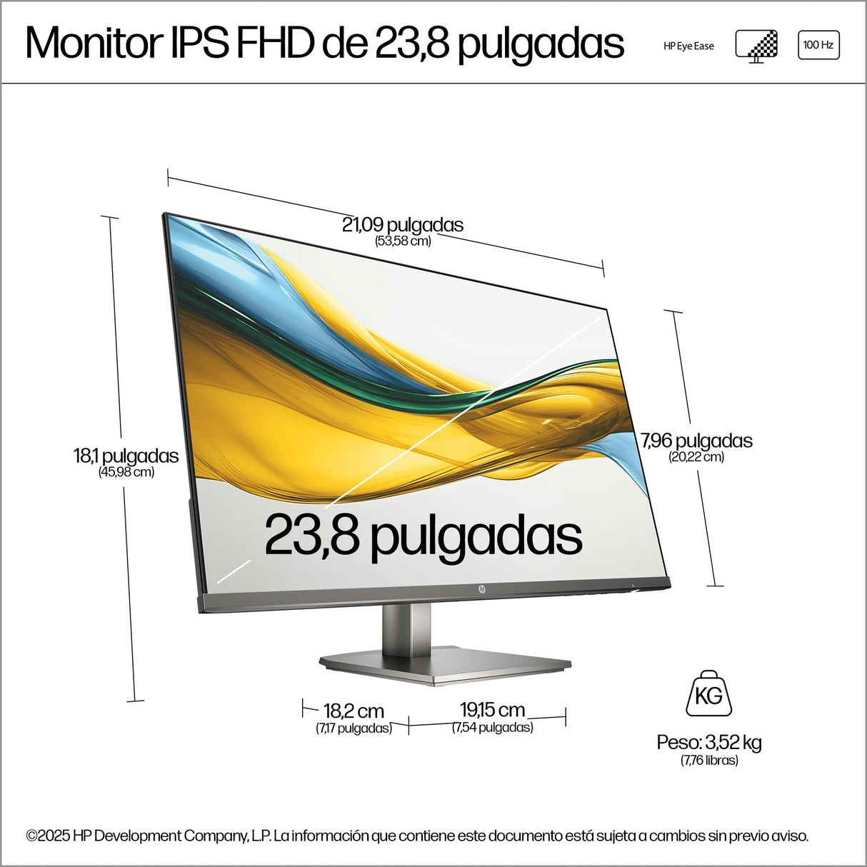 HP 527da - Monitor 27" FHD (1920x1080, IPS, 100Hz, 5 ms, 99% sRGB, 300 Nits, Contraste 1500:1, Altura e Inclinación Ajustables, Altavoces Integrados, Low Blue Light) Negro con Soporte Gris Metálico