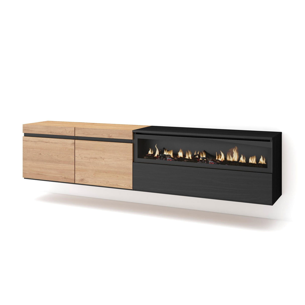 Skraut Home | Mueble TV | Televisión | Muebles de salón, almacenaje | 200x45x35cm | para TV hasta 80" | Chimenea eléctrica | Colgado, Suspendido | Estilo Moderno | Roble y Negro