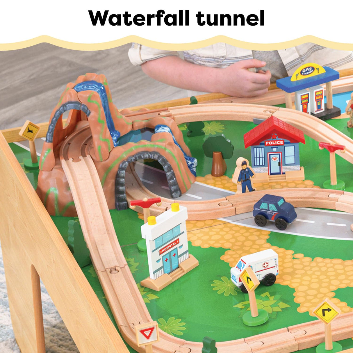 KidKraft Juego de Tren y Mesa de Madera Waterfall Mountain con Cajas de Almacenamiento, Circuito de ferroviarias con Coches, helicóptero y avión de Juguete niños 3+ años (17850)