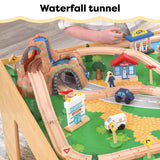 KidKraft Juego de Tren y Mesa de Madera Waterfall Mountain con Cajas de Almacenamiento, Circuito de ferroviarias con Coches, helicóptero y avión de Juguete niños 3+ años (17850)