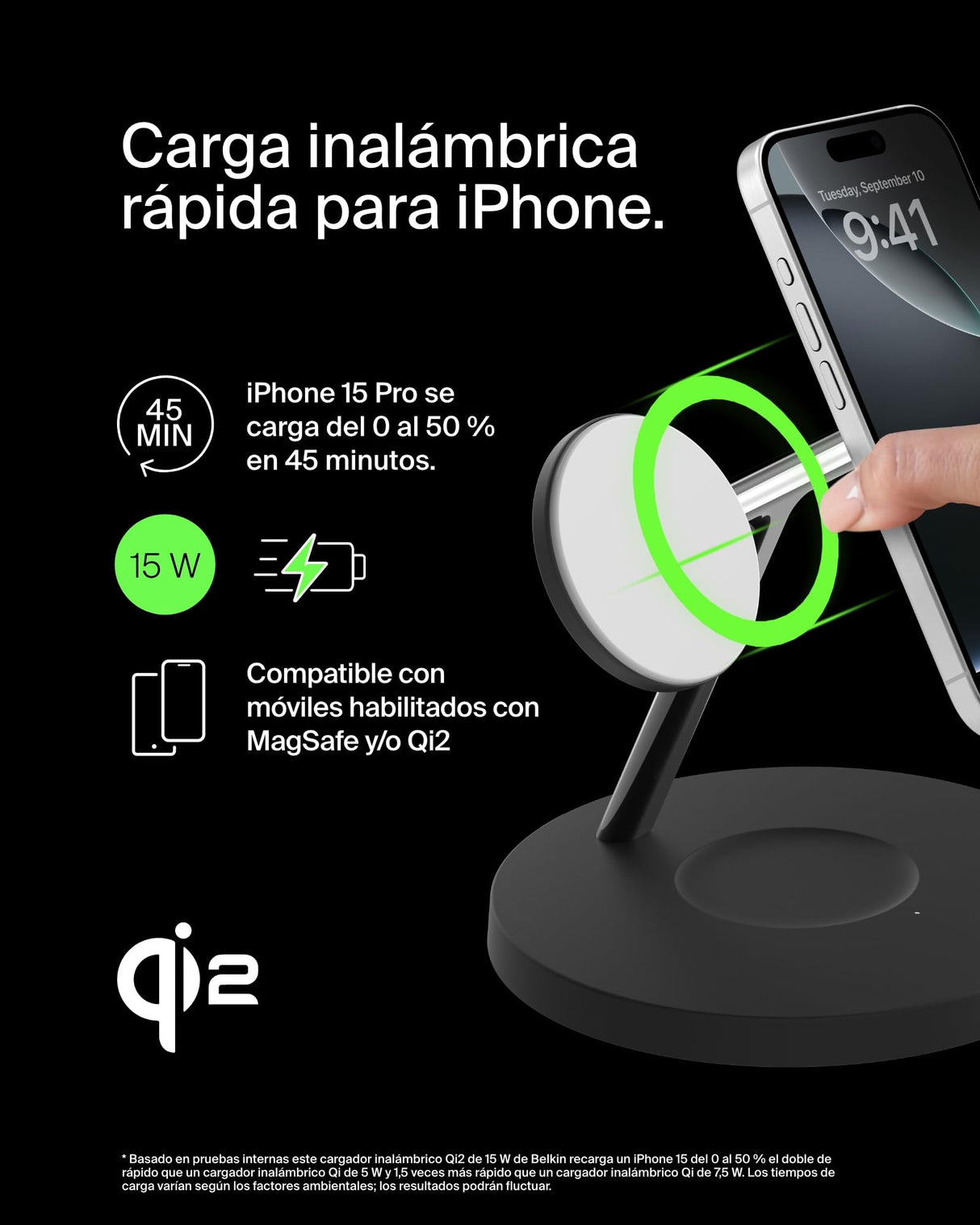 Belkin BoostCharge Cargador Qi2 3 en 1, estación de Carga inalámbrica con MagSafe, Base de Carga Qi2 para iPhone 16 Series, Apple Watch, AirPods, Soporte Antideslizante, Fuente de alimentación, Negro