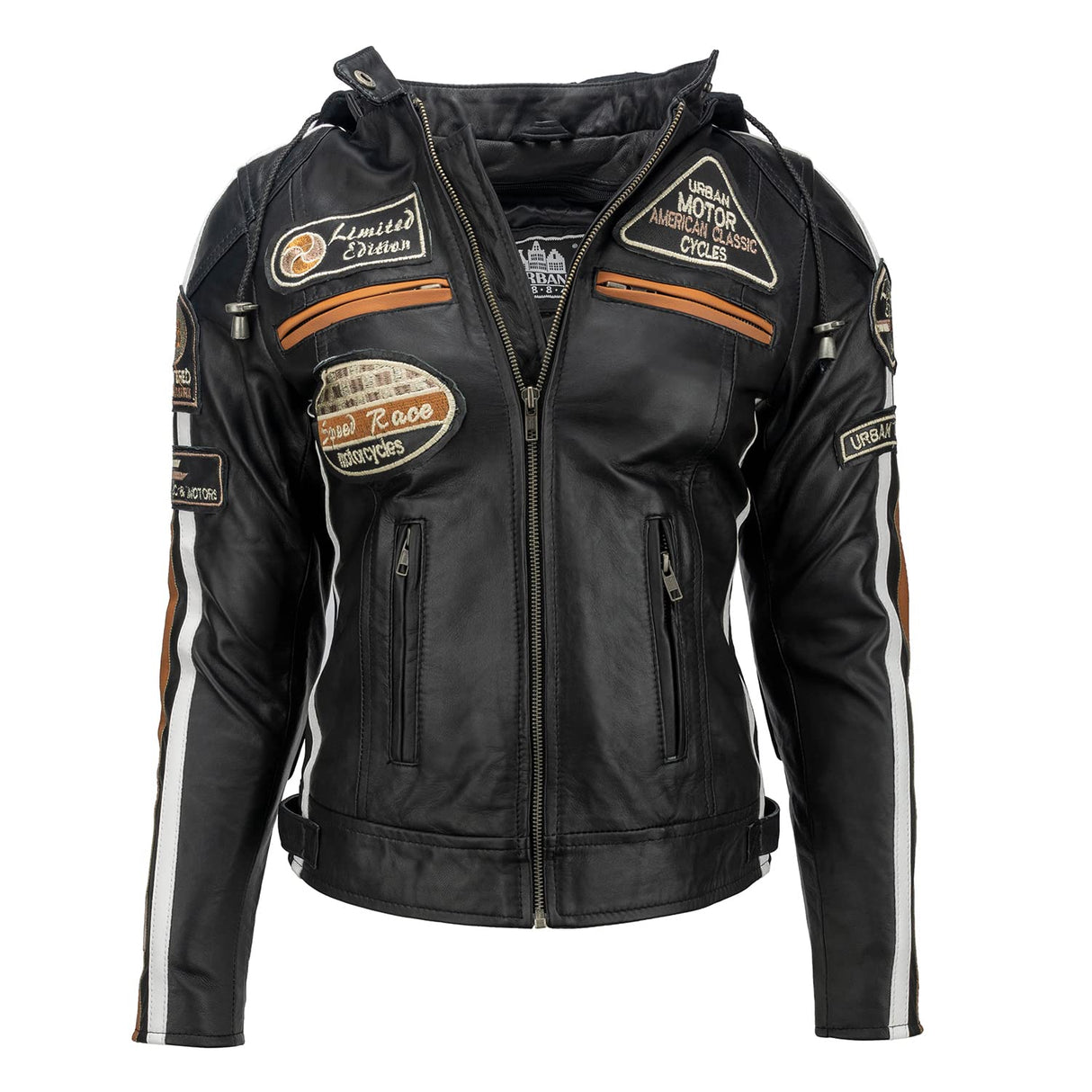 URBAN 5884 Chaqueta Moto Mujer de Cuero Leather '58 LADIES', Cazadora Moto de Piel de Cordero, Armadura Removible para Espalda, Hombros y Codos Aprobada por la CE, Negro, 2XL (UR-156)