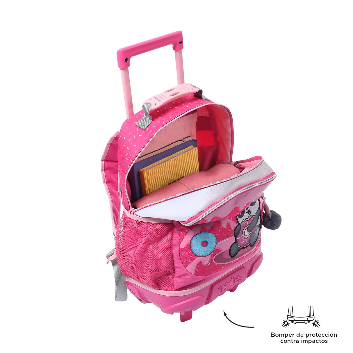 TOTTO - Mochila Escolar con Ruedas, Modelo Sweet Panda M, Mochila Mediana, Capacidad 14 L, 2 Compartimentos, 2 Bolsillos Botella, Protección contra Impactos, Cómodas Correas Ajustables, Color Rosa